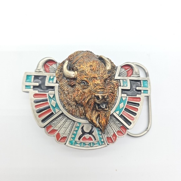 Bergamot Accessories - Buffalo Bison Tribal Art Native American Bergamot Belt Buckle D-256 Multicolor